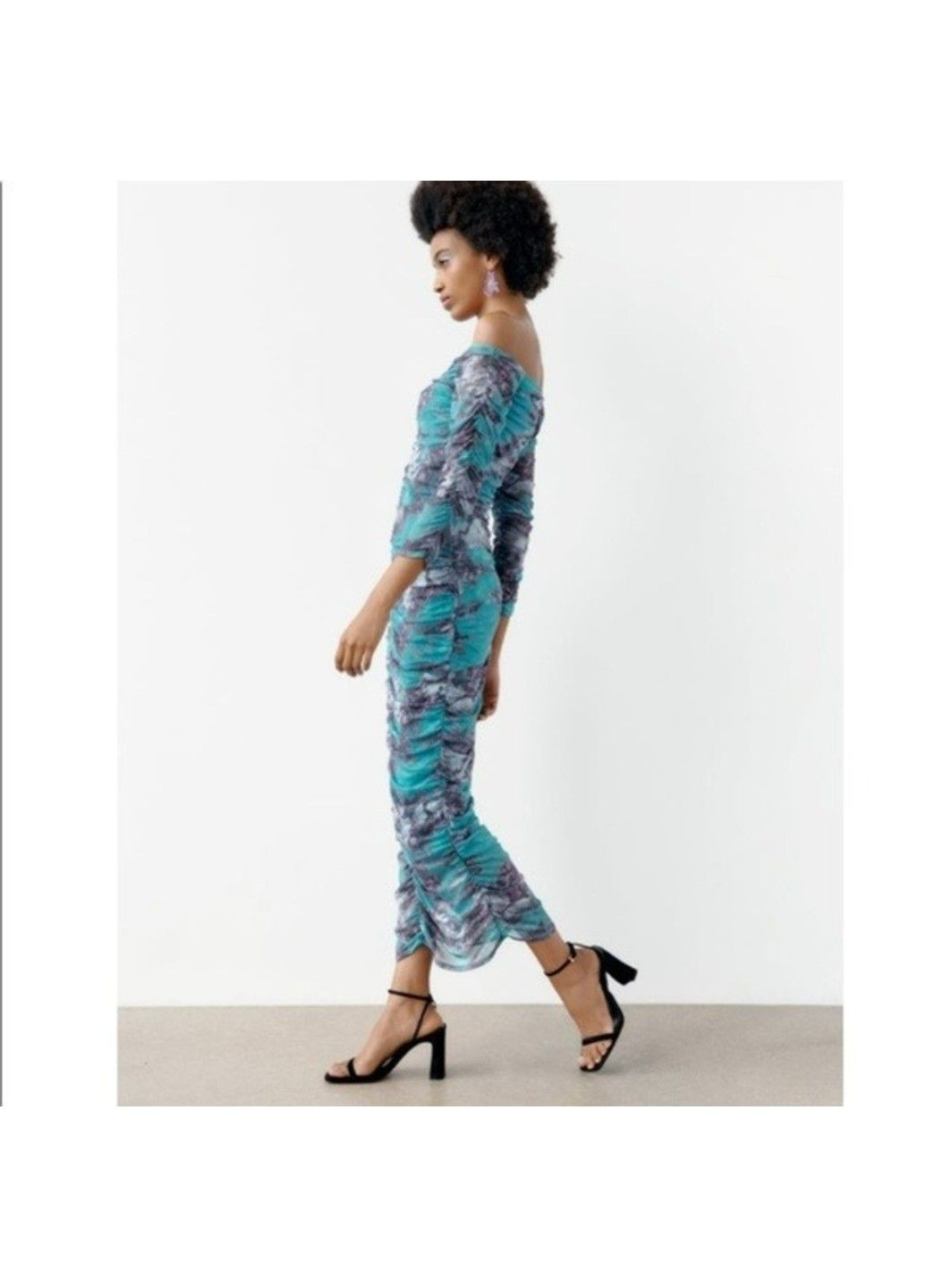 Бірюзова сукня жіноча off shoulder draped ruched tulle bodycon maxi dress Zara