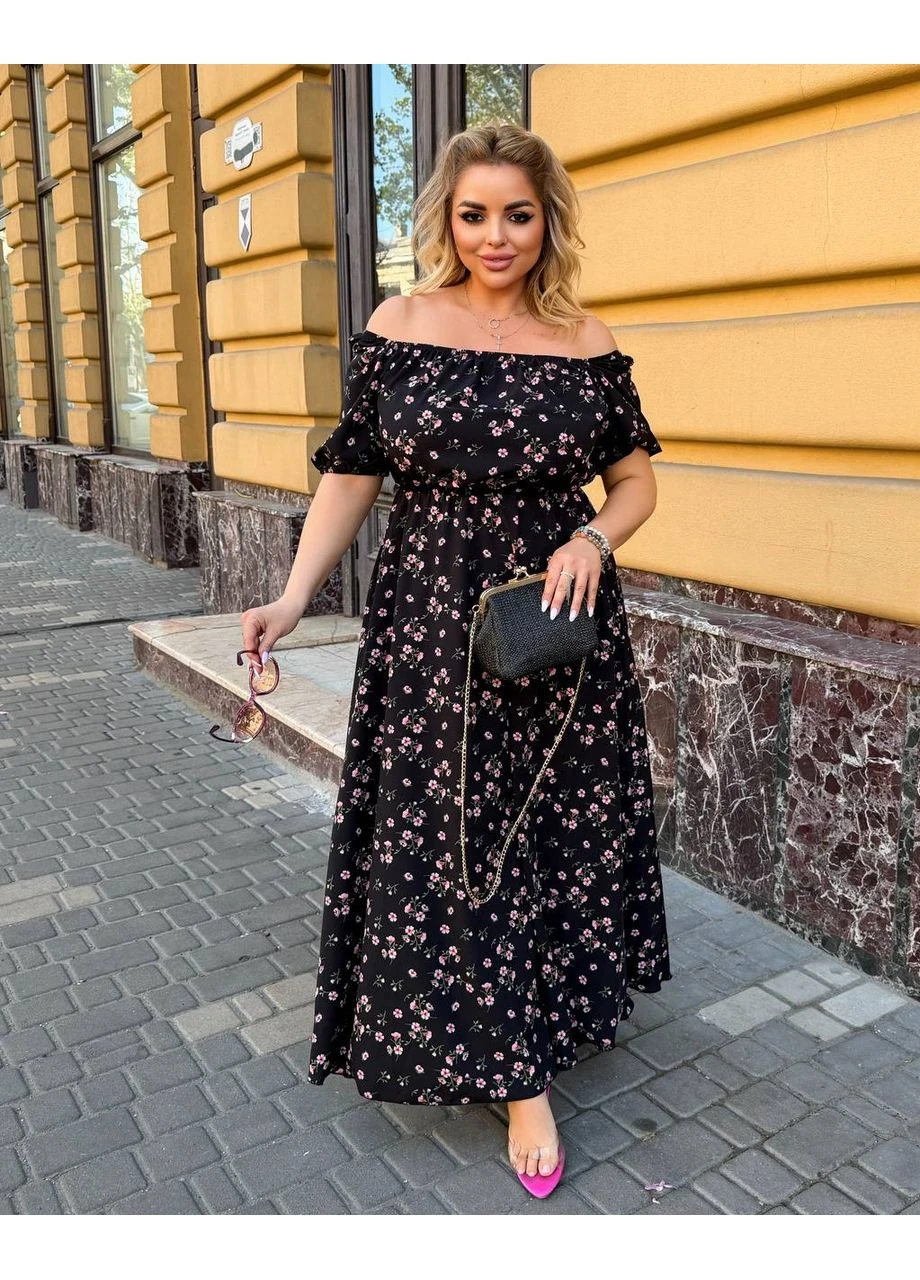 Чорна повсякденний сукня принтований софт квітковий принт легка та зручна ‼️заміри в описі‼️ з відкритими плечима GD/GL Модний простір з квітковим принтом