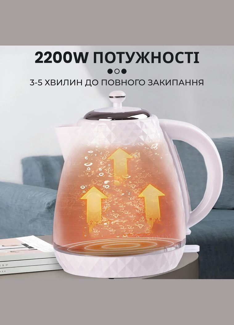 Стильный электрочайник SK1032 бесшумный 1.7 л, функциональный электрический чайник 2200 Вт, белый цвет. Sokany (311216590)