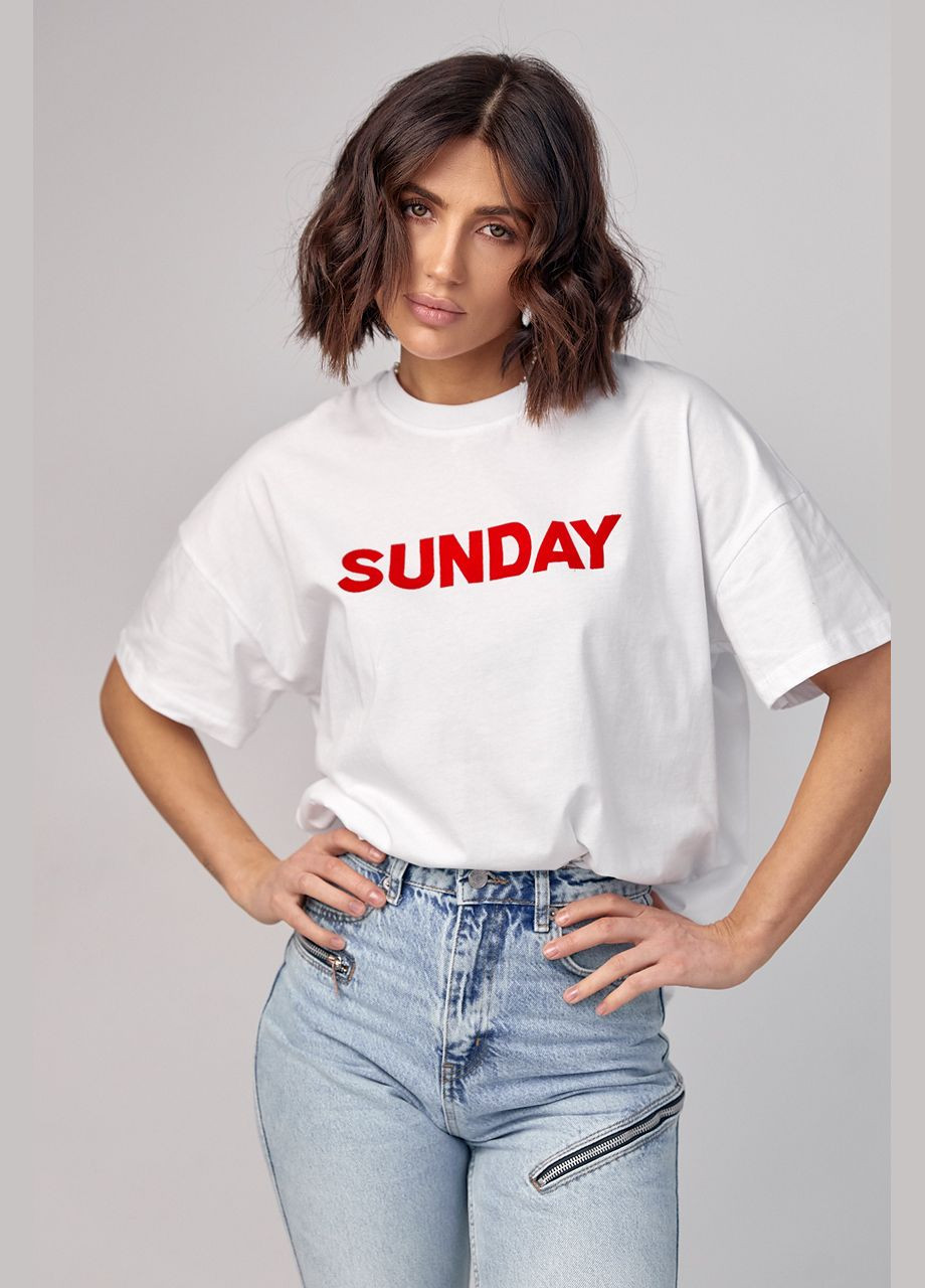 Червона літня жіноча футболка oversize з написом sunday Lurex