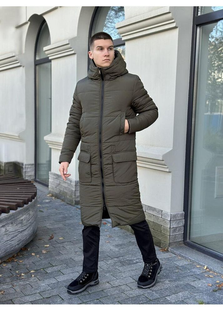 Оливкова (хакі) зимня стильная длинная куртка зимняя плащевка на пухе хакі No Brand