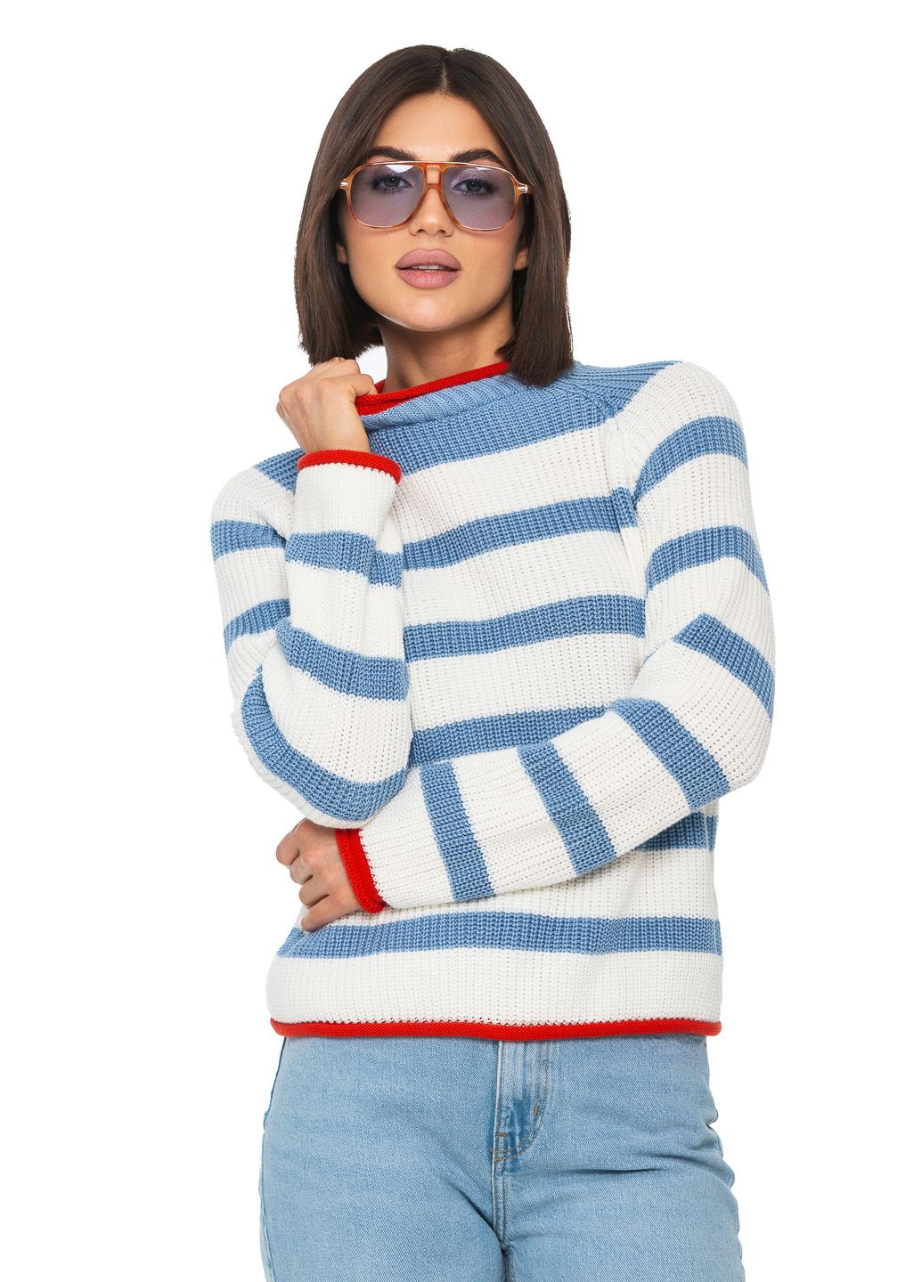Молочний бавовняний смугастий жіночий светр SVTR