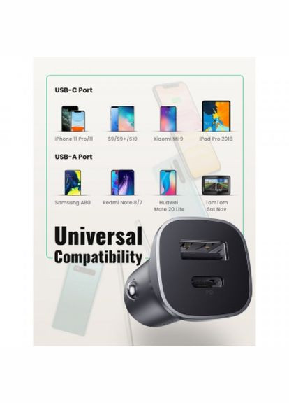 Зарядний пристрій CD130 20W USB + TypeC PD Car Charger (Gray) (30780) Ugreen cd130 20w usb + type-c pd car charger (gray) (268144358)