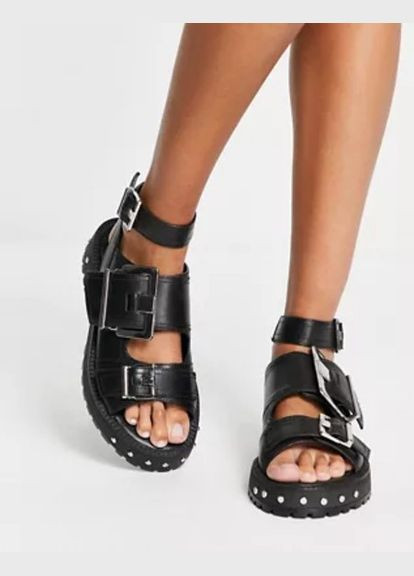 Босоніжки Asos finchley premium leather chunky flat sandals with buckles in black (290888515)