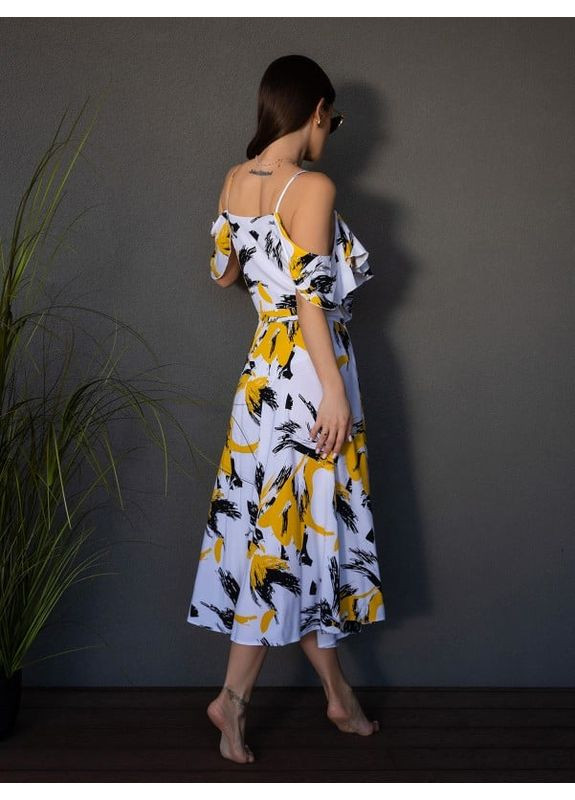 Комбінована сукня 14678 біло-жовта ISSA PLUS однотонна