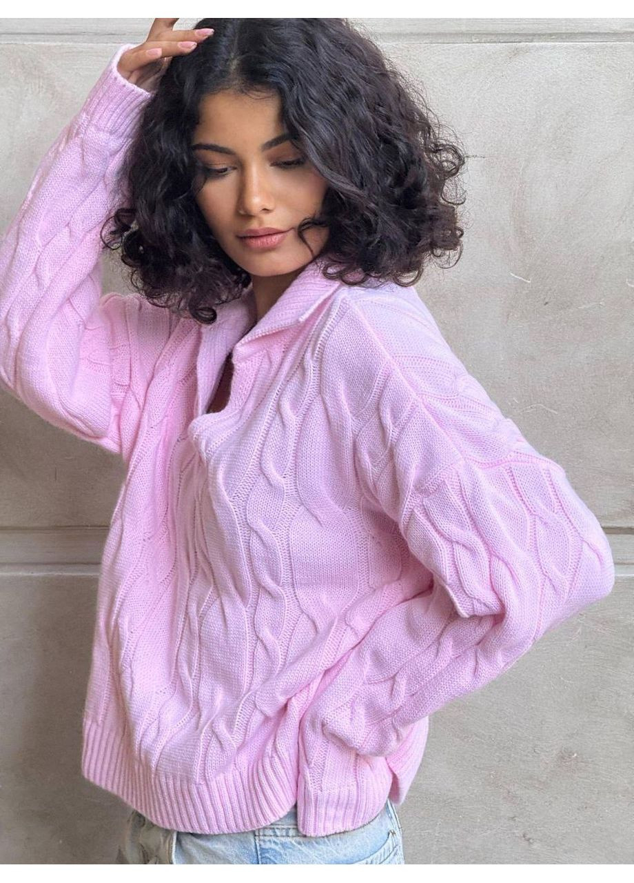 Розовый зимний вязаный женский свитер с объемным плетением джемпер Україна