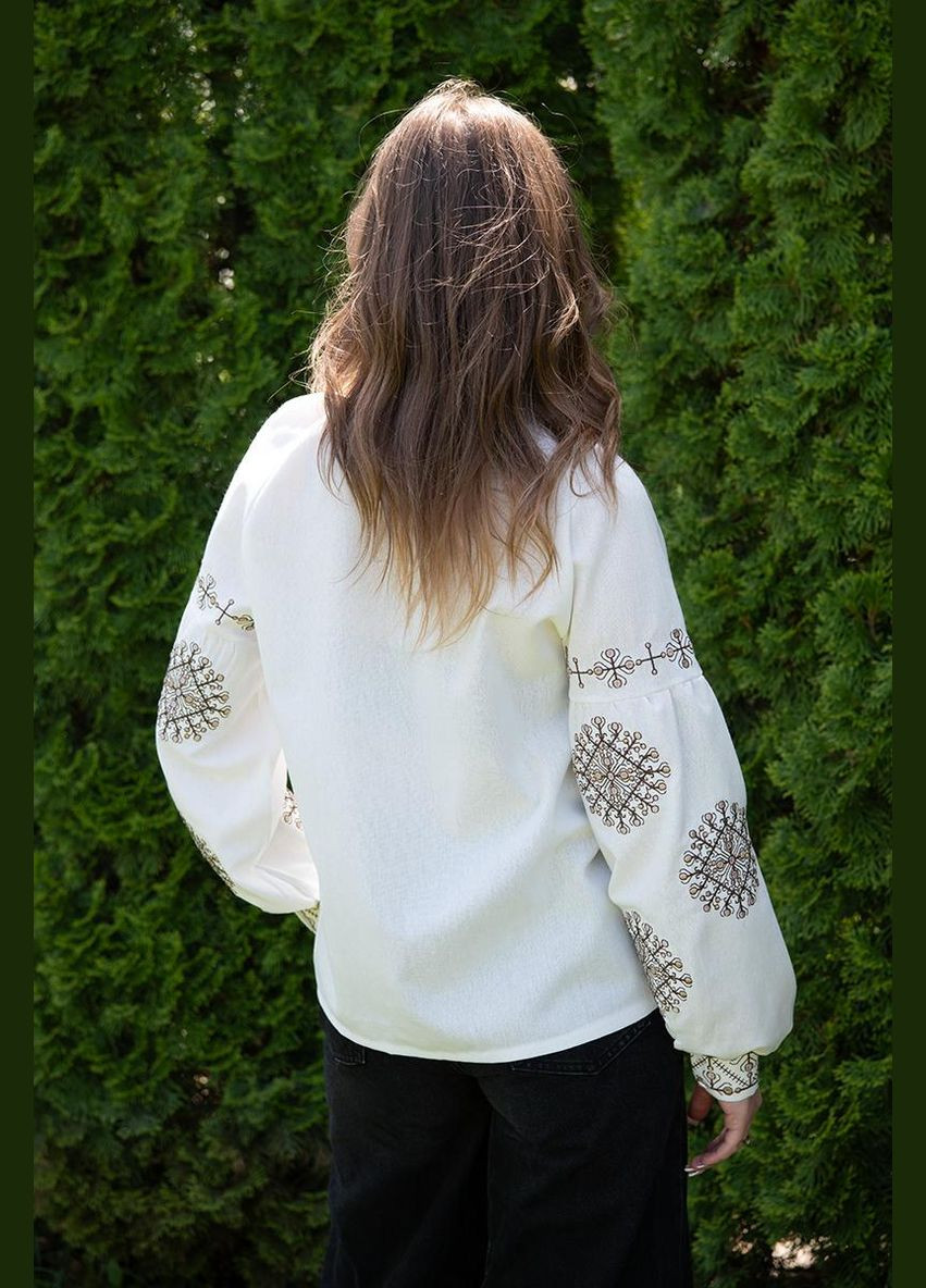 Молочна жіноча вишиванка молочна з геометричним орнаментом українська етно-сорочка з вишивкою візерунок орнамент приталена, вільна, пряма льон (332961055)