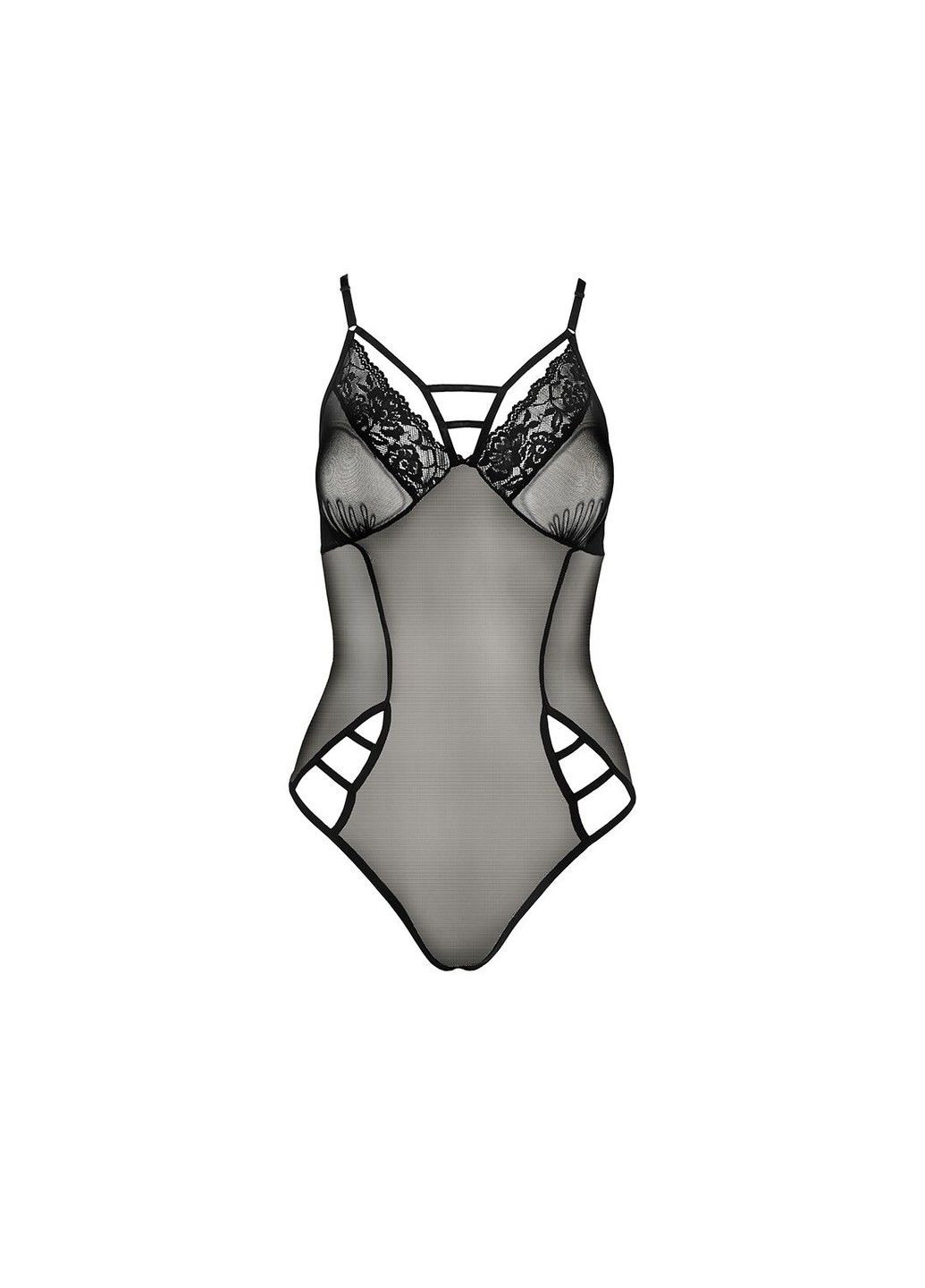 Полупрозрачный боди — Melania Body Black, с тонкими бретелями и кружевными вставками. Passion (334305559)