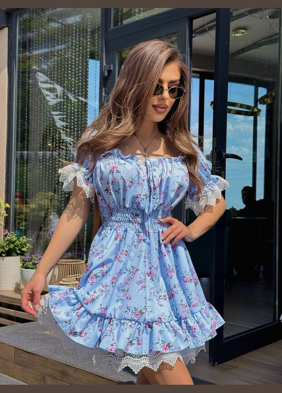 Голубое повседневный женское платье с цветочным принтом Гермес с цветочным принтом