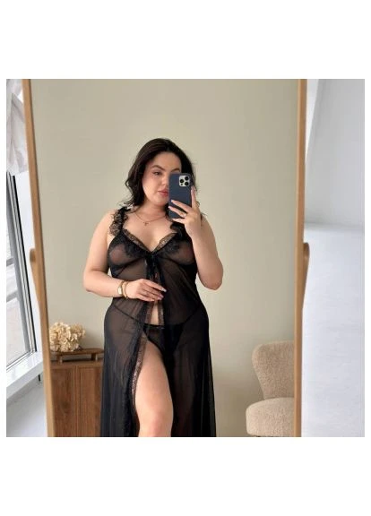 Жіночий прозорий пеньюар plus size з трусиками / Жіночий довгий мереживний пеньюар великих розмірів No Brand (397050110)