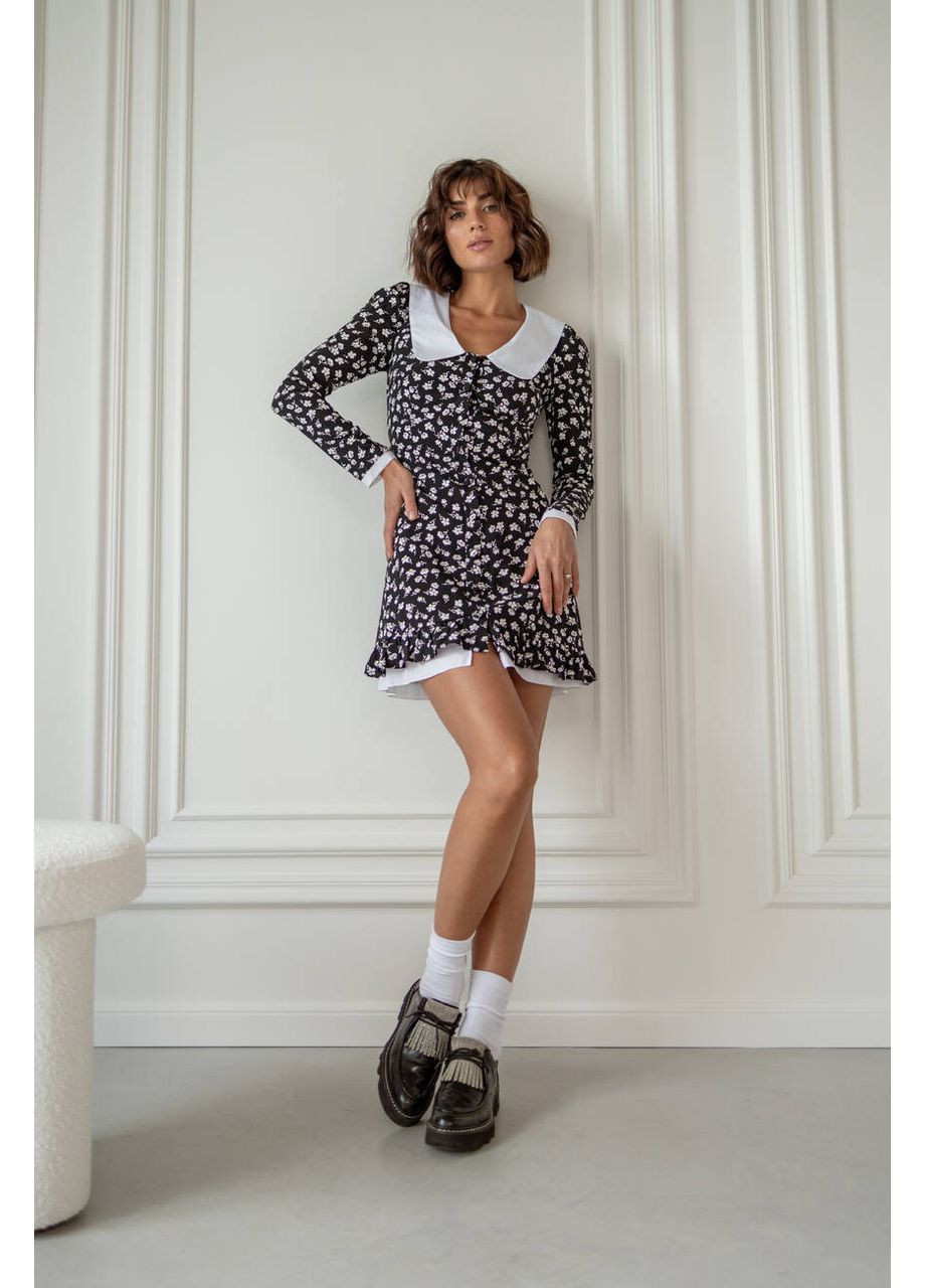 Черное женское платье emma длины мини в цветочный принт с белым воротничком черного цвета milirud