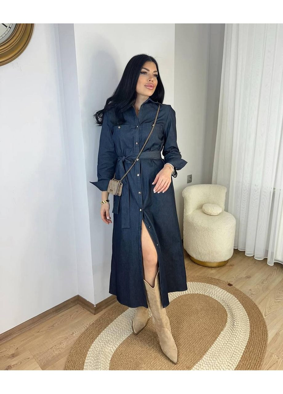 Темно-синее джинсовое джинсовое платье-рубашка с поясом рубашка MonCher