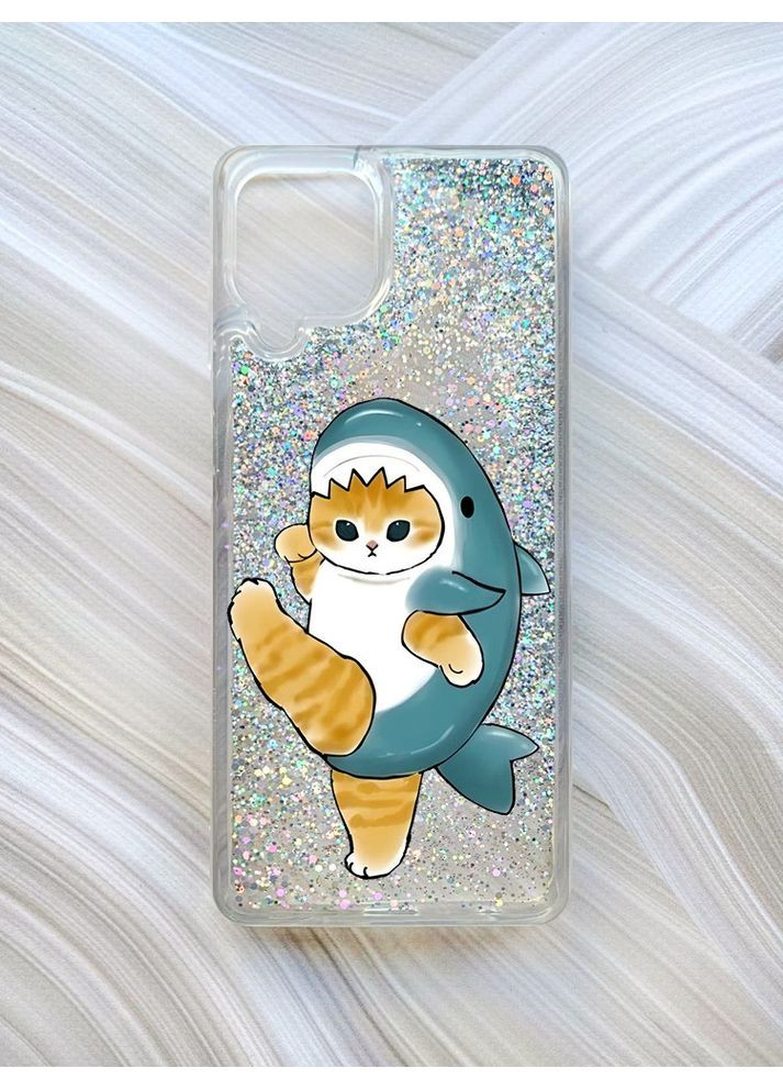 Чохол з плаваючими блискітками на Samsung Galaxy A22 4G/M22/M32 Срібло:: Котик акула (принт 380) Creative (360663199)
