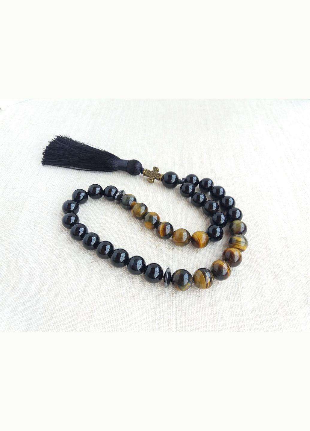 Чётки из Черного агата и Тигрового глаза с крестом 33 бусины d 10мм No Brand (331293534)