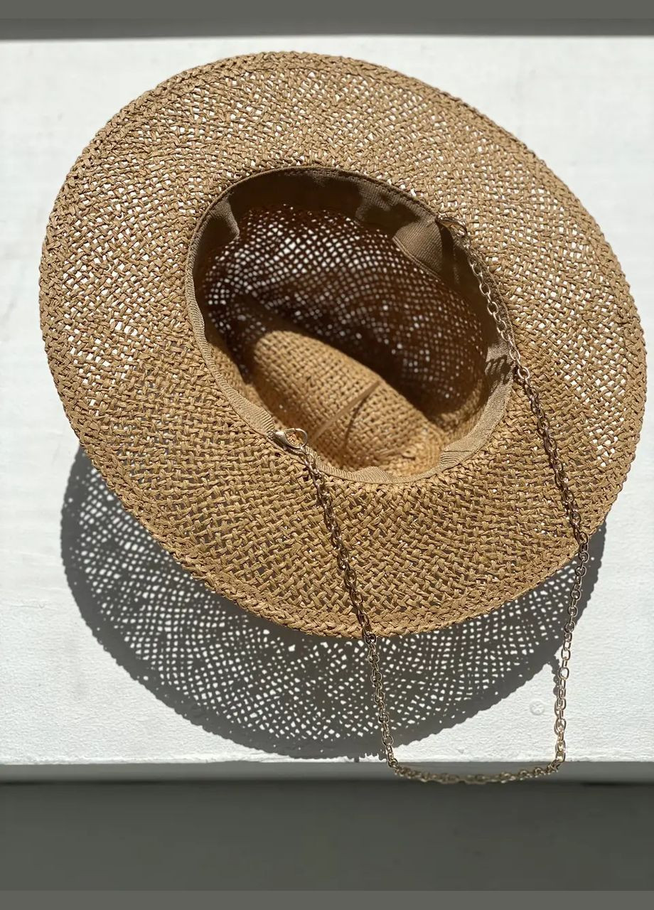 Шляпа женская на лето Федора с коричневой рафией с цепью и ракушками D.Hats (283022798)
