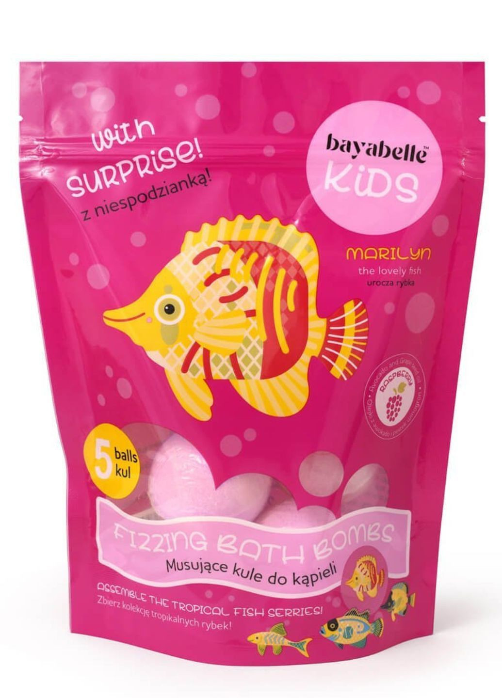 Шипучі бомбочки для ванни з іграшкою Marilyn Малина 5 х 50 г Bayabelle Kids (294194812)