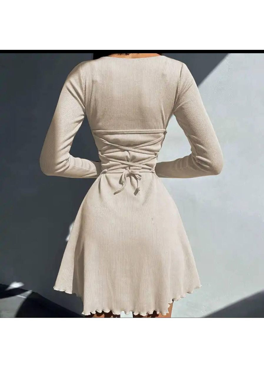 Бежева повсякденний сукня жіноча в рубчик зав'язується на талії м'яка з прорізами на рукавах котортка дзвін No Brand однотонна
