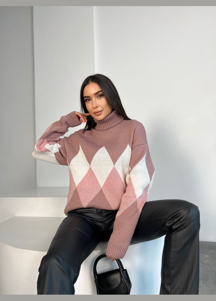 Пудровый зимний женский теплый свитер с горловиной пудрового цвета 30269 Fashion