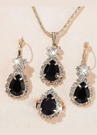 Комплект бижутерии женских украшений цепочка с кулоном серьги и кольцо в форме капли с черным фианитом Fashion Jewelry (289717588)
