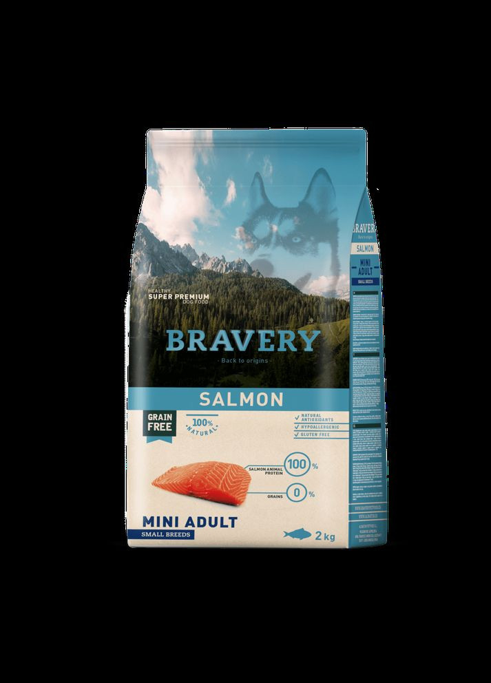 Сухий корм для собак дрібних порід Salmon Mini Adult з лососем, 2 кг (*) Bravery (304547718)