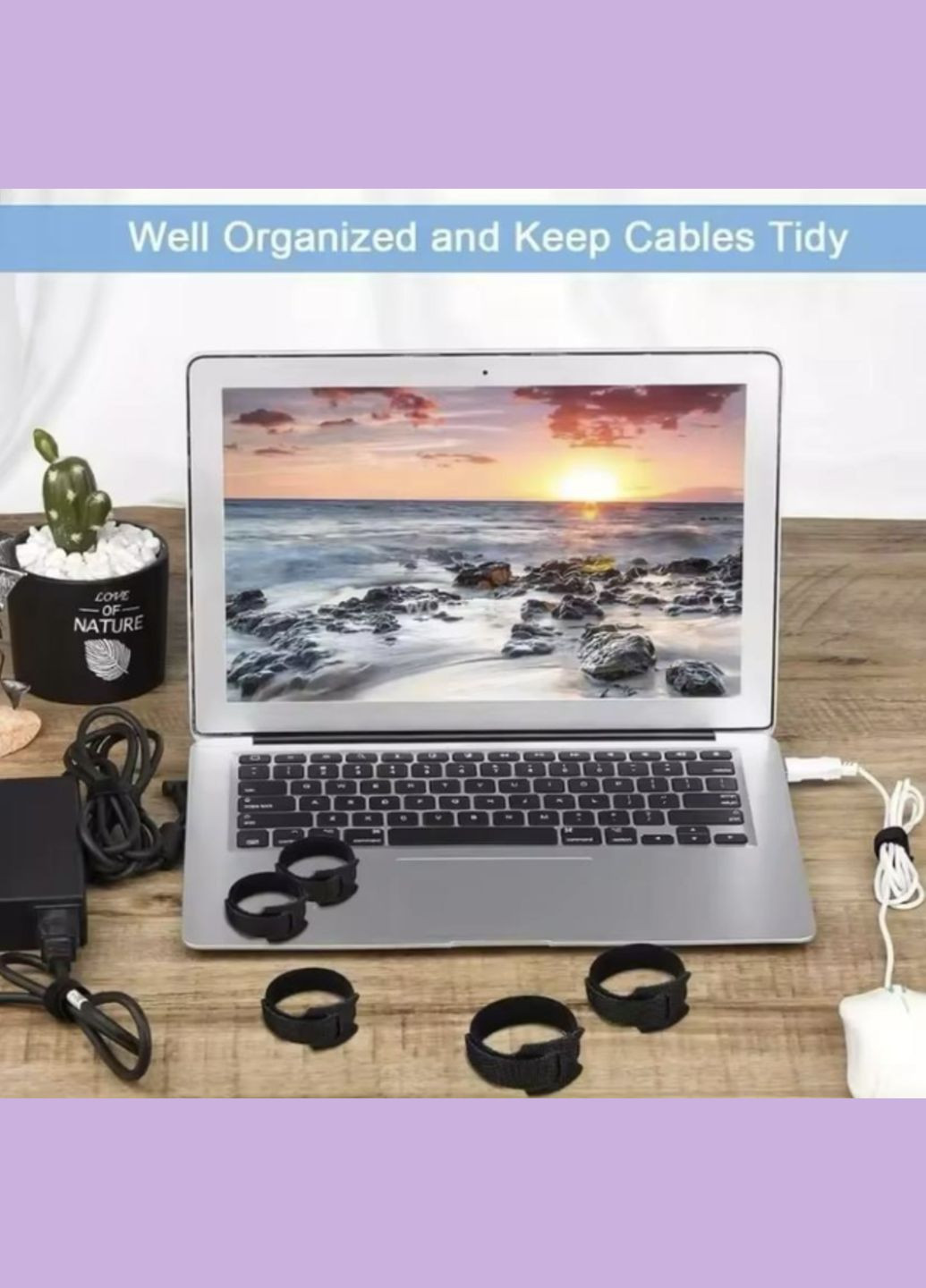 Органайзер кабеля стяжка липучка хомут фиксатор для проводов стрепы 5 штук многоразовые L Черный Lencent (340276283)