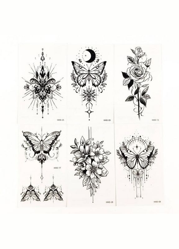 Набор временных тату "Бабочки и цветы №3" black tattoo mini set f03 из 6 черных по 9,5 х 5,5 см Fresh Tattoo (366237642)
