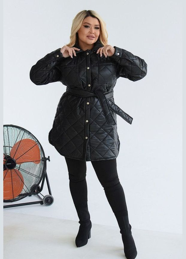 Черная женская теплая курточка с поясом цвет черный р.50/52 449986 New Trend