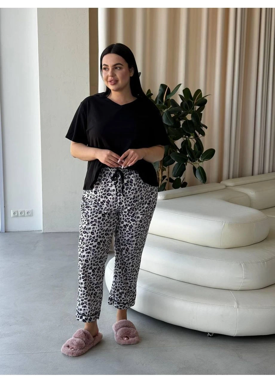 Комбінована жіноча піжама plus size: футболка + штанці, м’яка софт тканина / домашній комплект жіночий великих розмірів із футболкою та No Brand