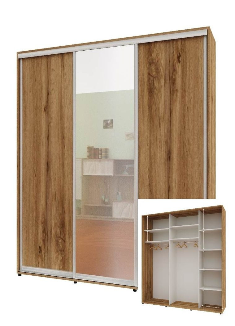 Шкаф-купе трехдверный Комфорт Мебель 180*45*240 см Дуб золотой ДСП + Зеркало + ДСП Стандарт Комфорт Меблі (360437138)