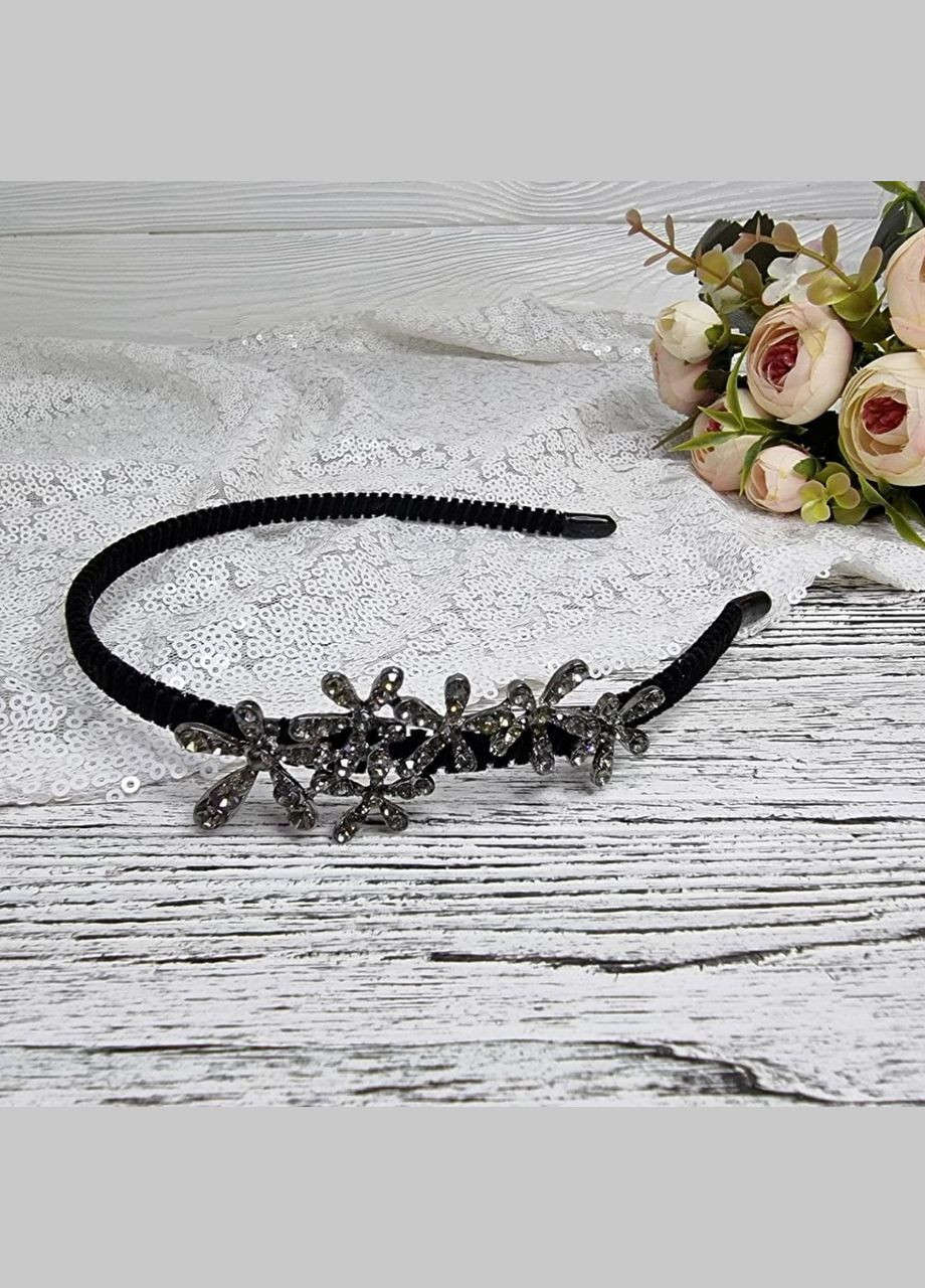 Жіночий оксамитовий обруч обідок для волосся з декором квіти Oxa чорний з камінням (0.8) Hand Made (330619035)