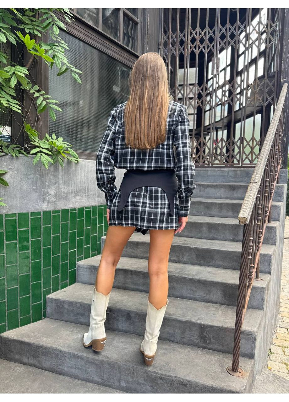 Чорна повсякденний, коктейльна, вечірня, кежуал жіноча сукня-сорочка з баскою з баскою, сукня-сорочка FINO Mode в клітинку