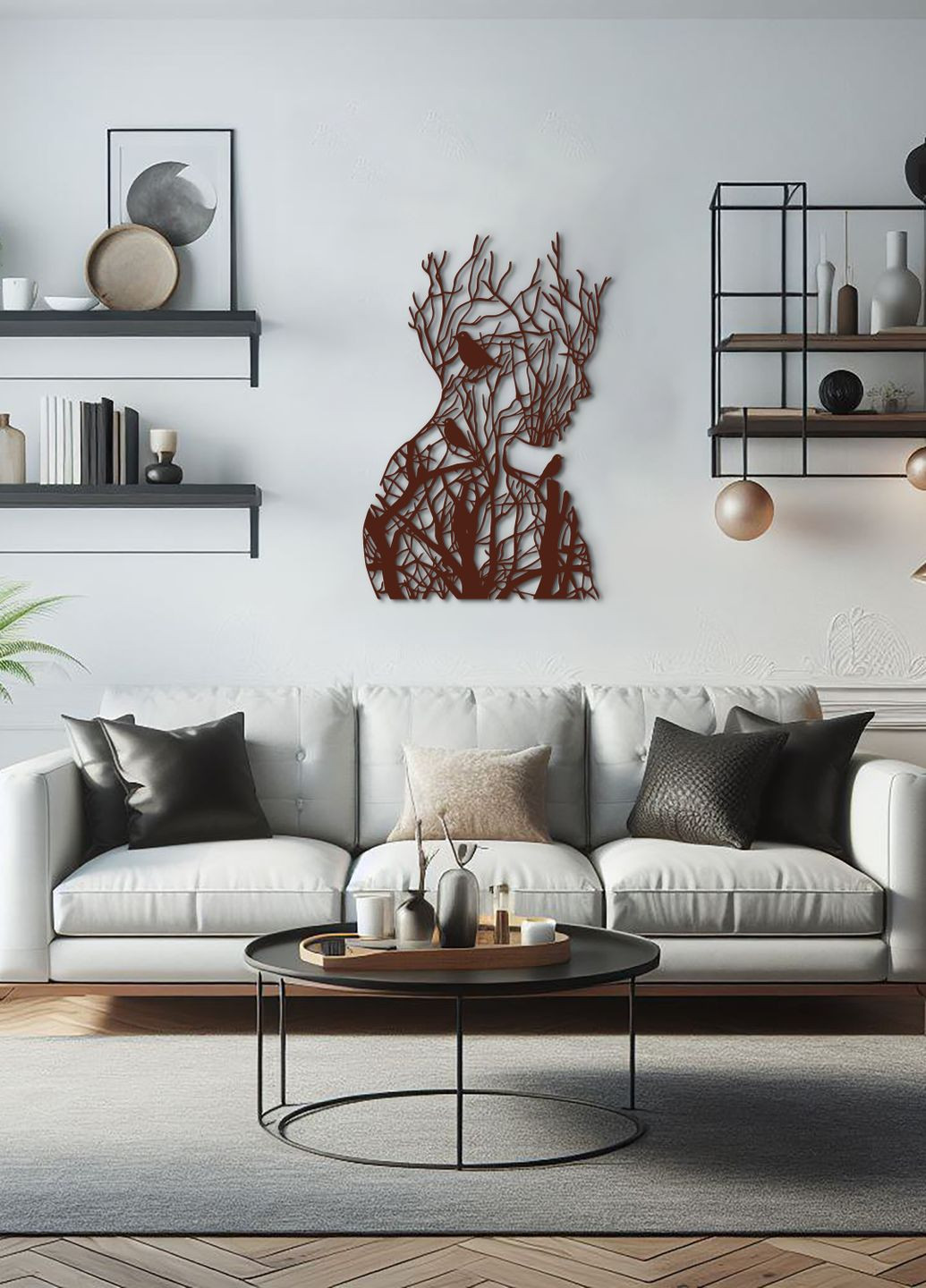 Декоративне панно з дерева, Настінний декор для кімнати "Мереживо дівчина з птахами", картина лофт 50х35 см Woodyard (292112914)