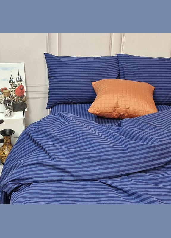 Постільна білизна Синій страйп Двоспальна на резинці Бязь Люкс MERISET (335051972)