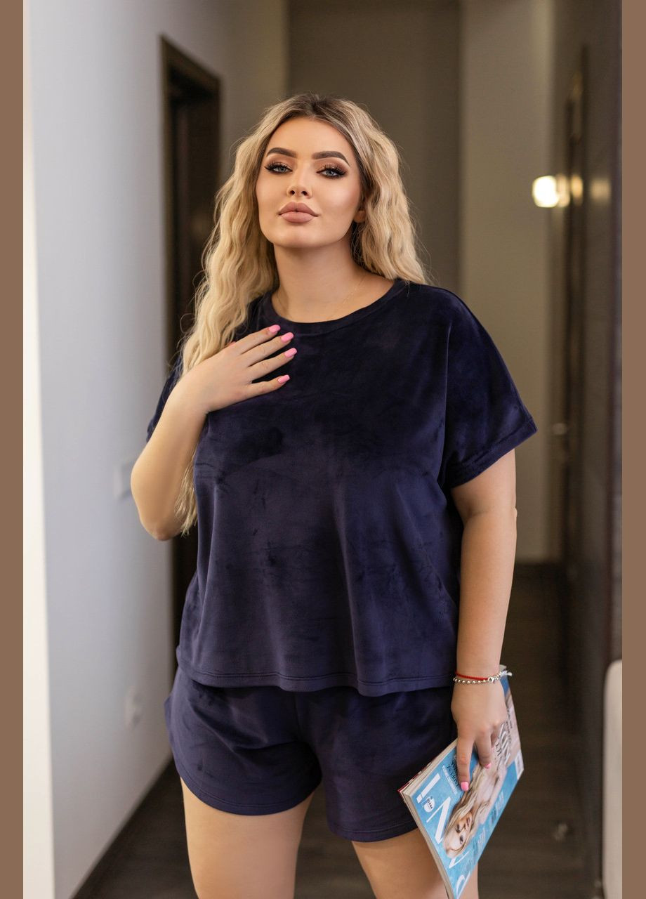 Темно-синя всесезон велюрова піжами двійка (футболка та шорти) Fashion Girl