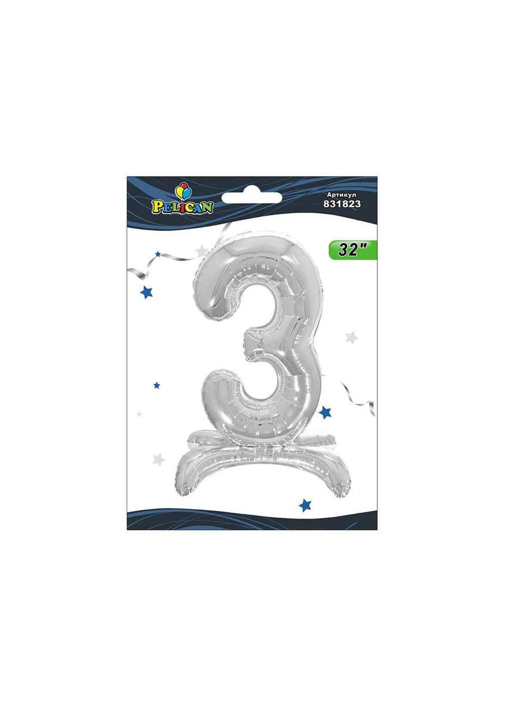 Кулька фольгована цифра на підставці 3 СРІБЛО 80см. 831823 ТМ PELICAN (327429586)