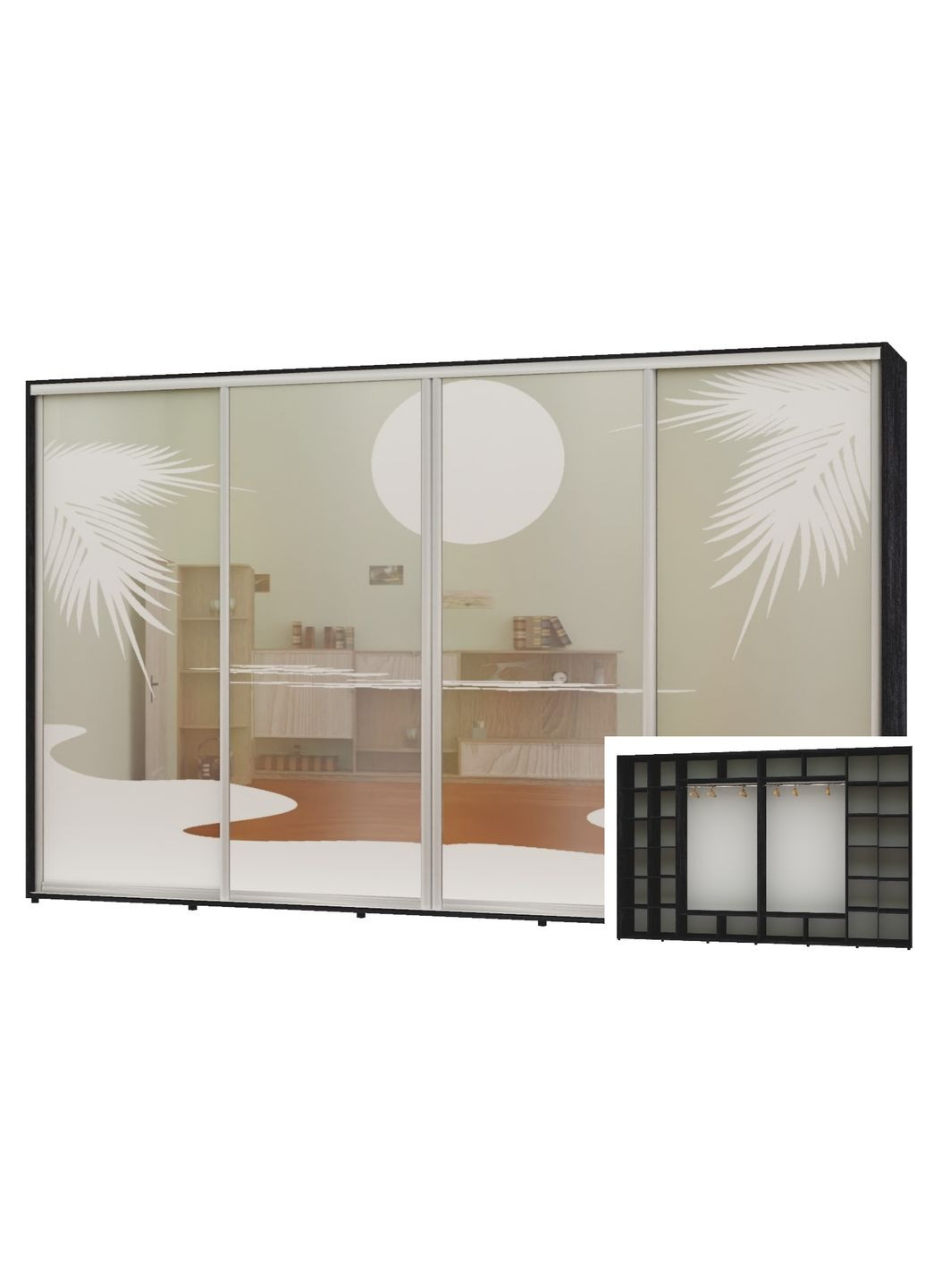 Шафа-купе чотиридверна 410*60*250 Бетон темний Дзеркало з піскострумним малюнком Алекса (360452480)