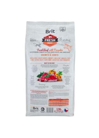 Сухой корм Fresh для щенков и молодых собак больших пород, с говядиной и тыквой, 12 кг Brit (362580660)