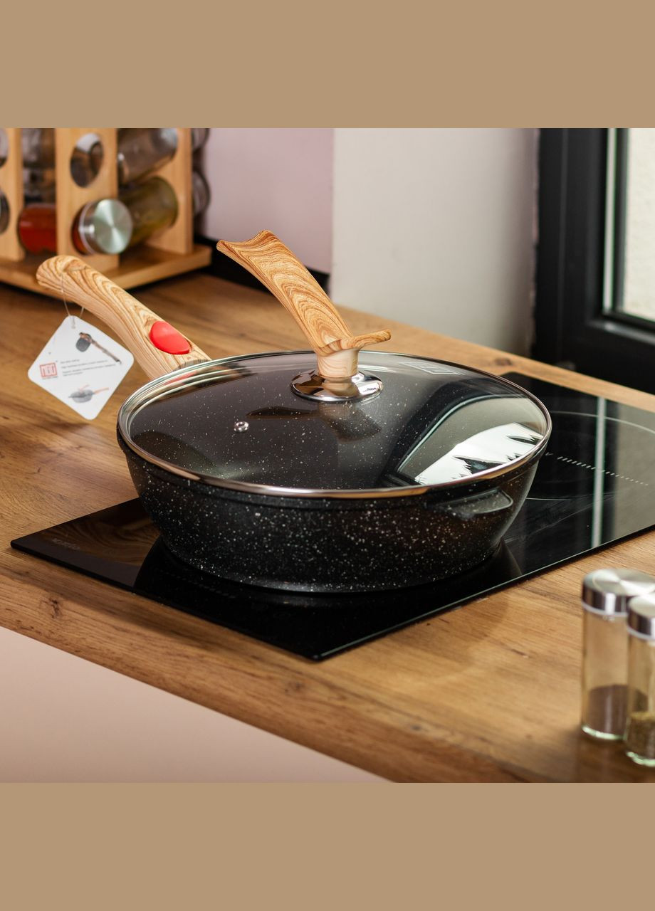 Алюминиевая глубокая сковорода (3,5 л) со стеклянной крышкой Ø28 см черная MGC (356460591)