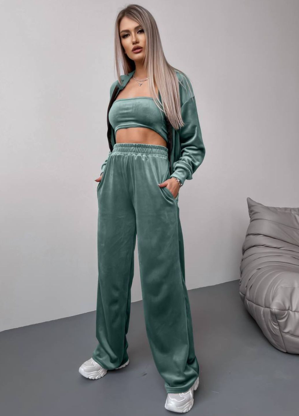 Базовий повсякденний велюровий костюм двійка: вкорочений худі на блискавці + штани Tik-Tak (325608961)