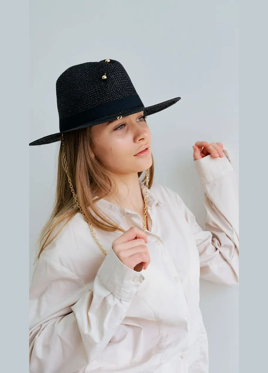 Шляпа женская на лето Федора с черный рафия с цепью и шпилькой D.Hats (283022789)