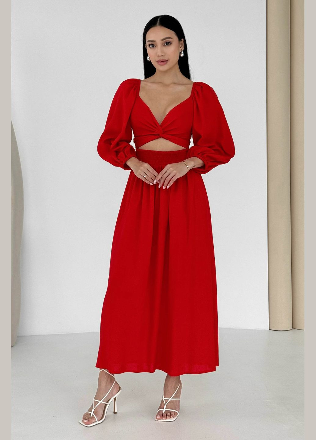 Червона святковий, вечірня дизайнерська сукня з льону червоного кольору сукня-трансформер Jadone Fashion однотонна