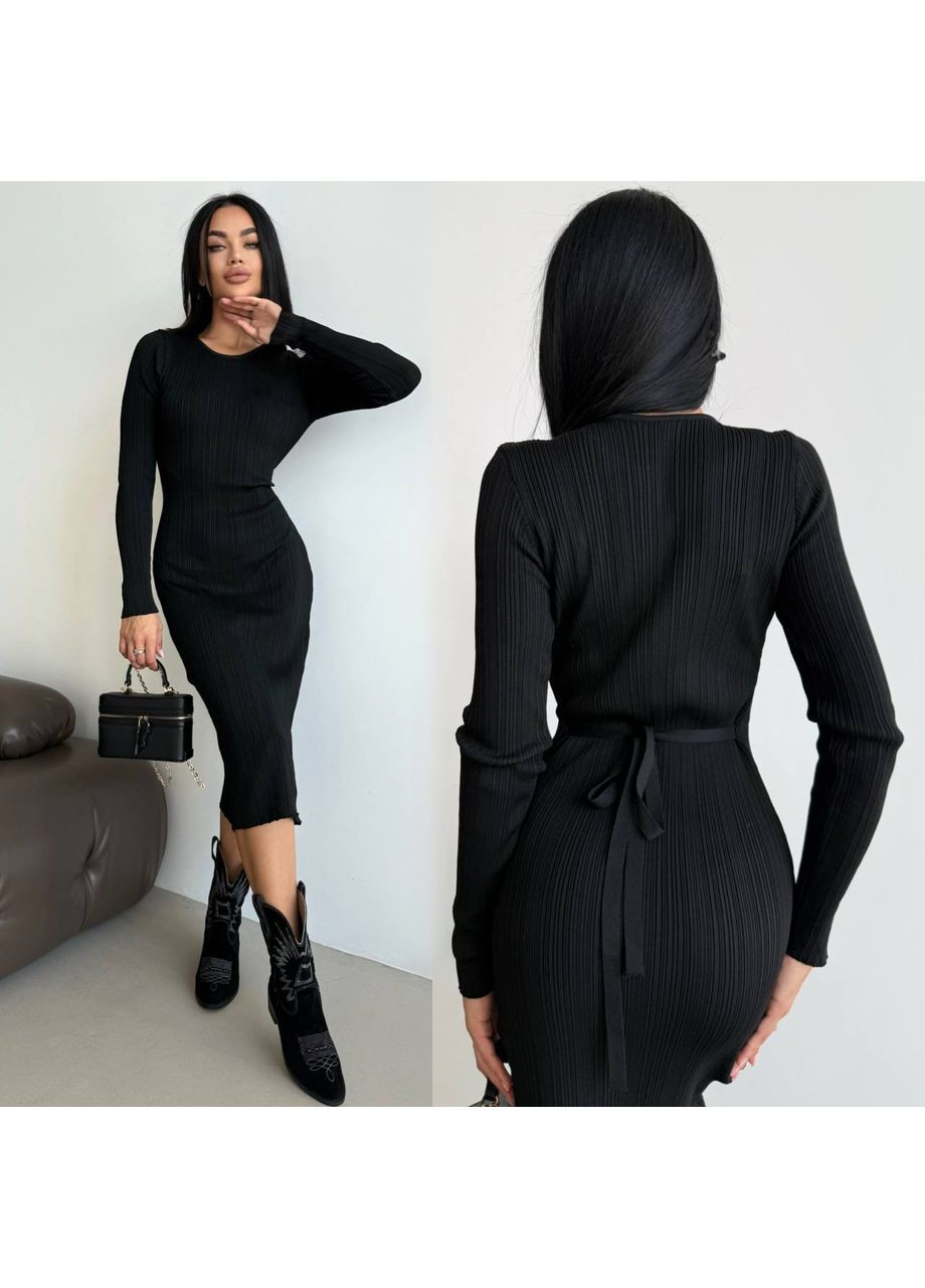 Черное повседневный, кэжуал платье меди в рубчик из мелкой вязки Vakko однотонное