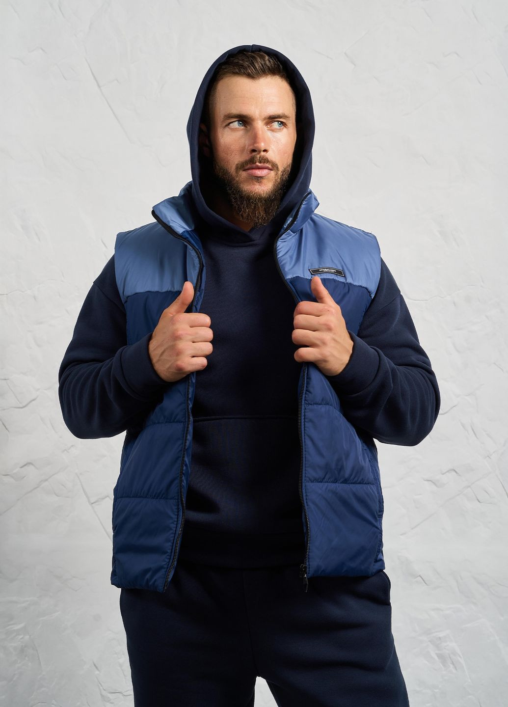 Синий зимний спортивный костюм тройка мужской зимний (жилетка + худи + штаны) тройка, брючный No Brand