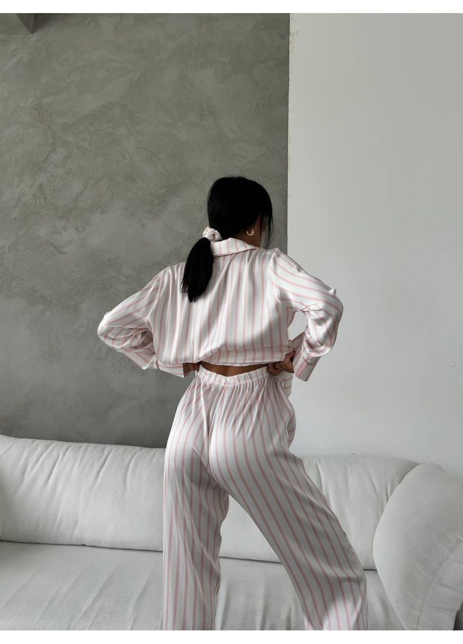 Біла всесезон жіноча піжама | біла з смужкою сорочка + брюки Vital-Textile 1264