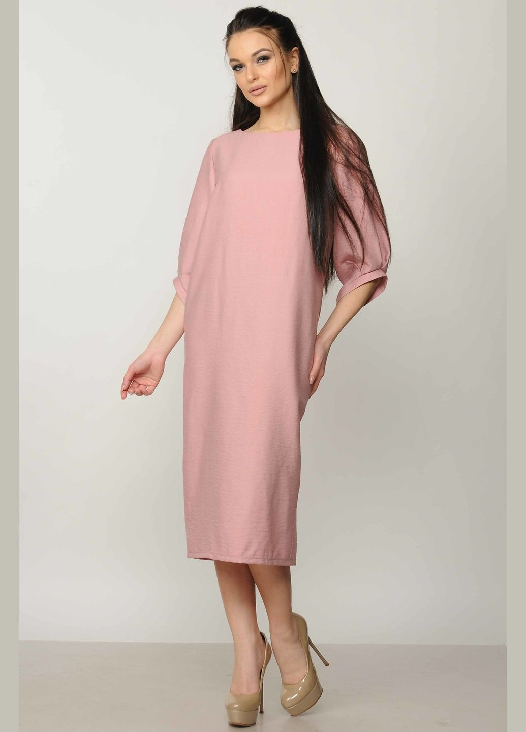 Рожева повсякденний вільна сукня міді з асиметричним рукавом 3/4 і кишенями створена з штучного льону (пл 14.1-06/18) RiMari
