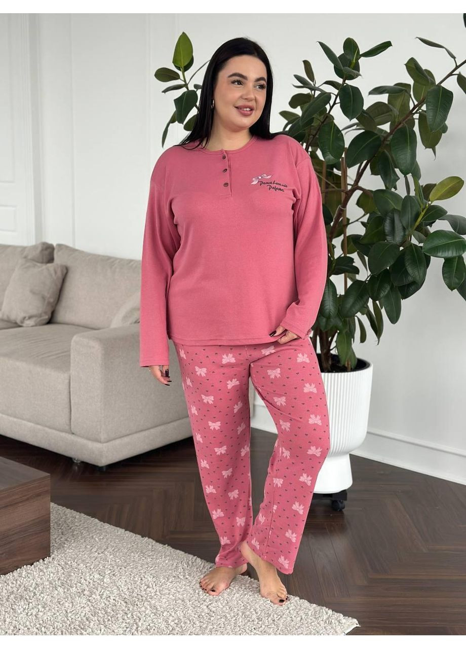 Рожева жіноча піжама plus size рожева з принтом котиків / піжама жіноча великих розмірів рожева трикотажна No Brand