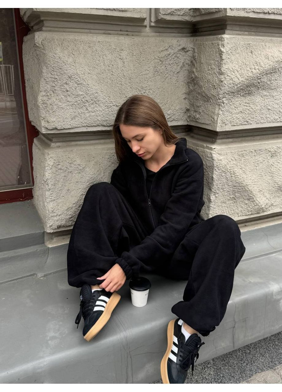 Жіночий флісовий комбінезон оверсайз з коміром-стійкою та блискавкою MonCher комбінезон-брюки чорний спортивний фліс