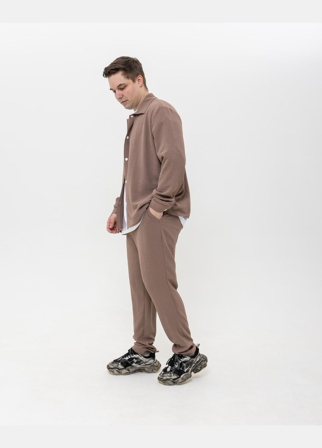 Бежевий демісезонний костюм чоловічий сорочка-штани з сорочкою, брючний No Brand