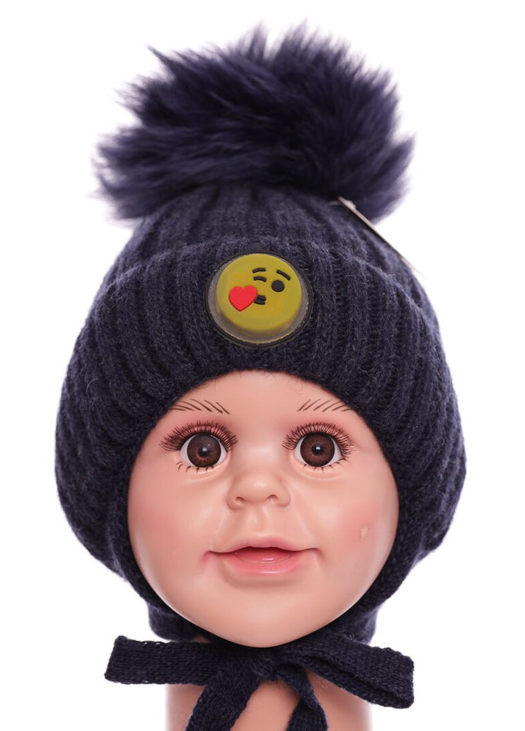 Шапка в'язка на травинці для хлопчика зі смайликом темно-синя 12м+ (50319) BABYKROHA (317042802)