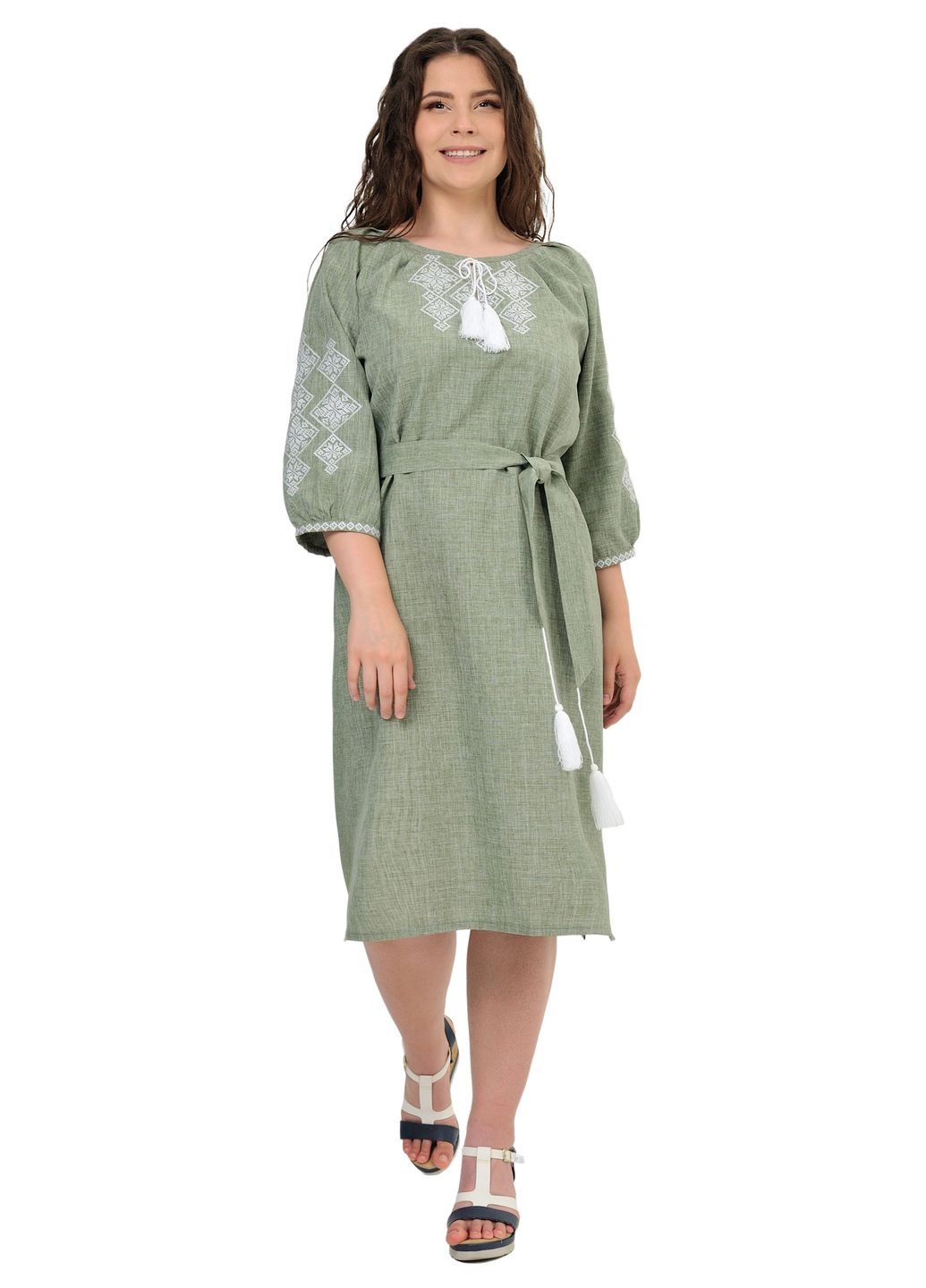 Оливковая платье-вышиванка слобожанка (фисташковый) Golfstream свободная лен, полиэстер (298833767)